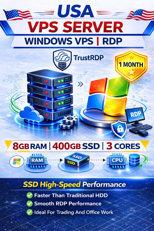 USA Windows VPS RDP Server 8GB RAM 400GB SSD Fast Remote Desktop Hosting