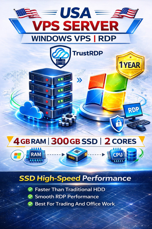 USA Windows VPS RDP Server 4GB RAM 300GB SSD 1 Year Fast Remote Desktop Hosting