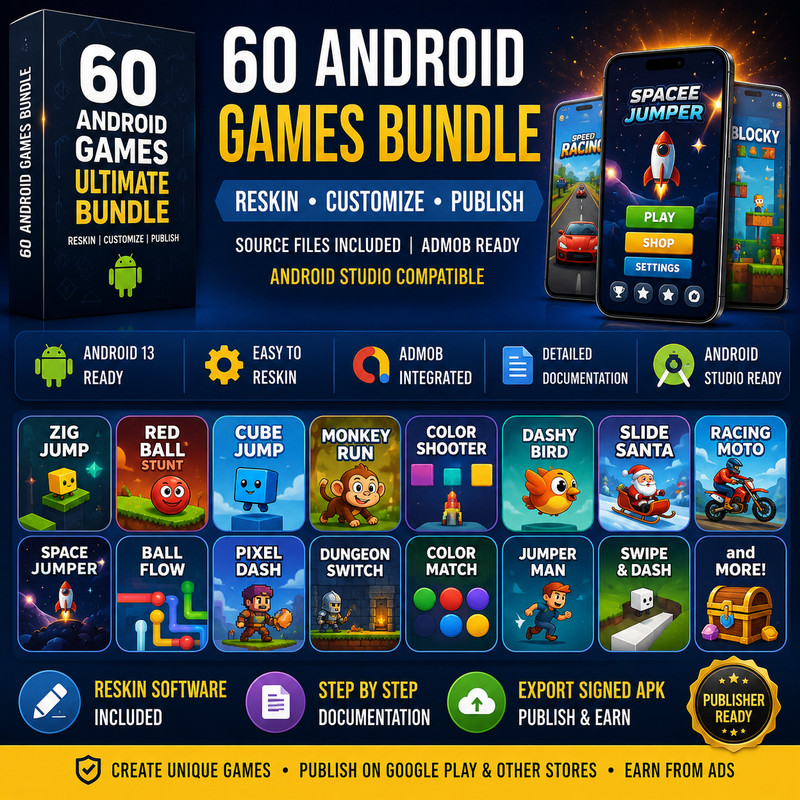 60 Android Games Bundle for Reskinning & Publishing | AdMob | Source Include