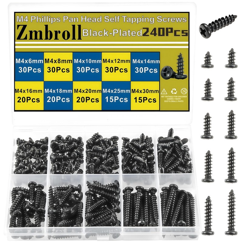 M4 Black Wood Screws,240Pcs Phillips Pan Head Self Tapping Screw,M4x6/8/10/12...