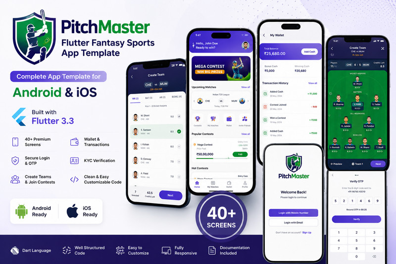PitchMaster Flutter Fantasy Sports App Template | 40+ Screens | Android & iOS UI
