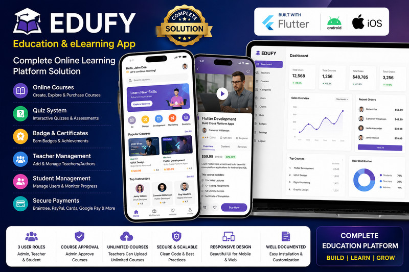 Edufy Education Flutter App + Admin Panel | Online Courses & Quiz System