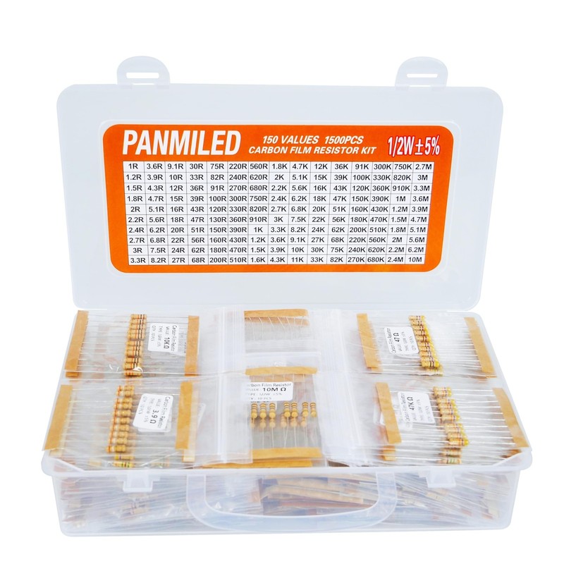 150 Values 1500 Pieces Resistor Kit 1 Ohm-10M Ohm, 1/2W 5% Carbon Film Resist...