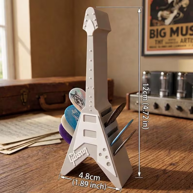Flying V Guitar Pick Holder | Matte Grey Music Desk Organizer
