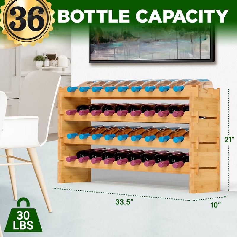 NutriChef Bamboo Stackable Wine Rack, 4-Tier 36 Bottle Capacity Wine Racks Fr... gallery