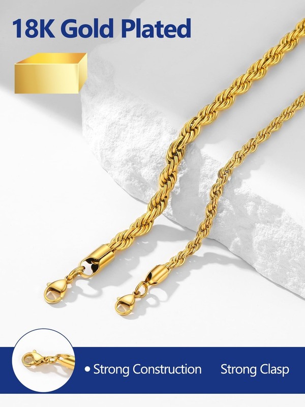 PROSTEEL 3mm/6mm Rope Chain Necklace for Men, Black/Gold Plated Mens Chain Ne... gallery