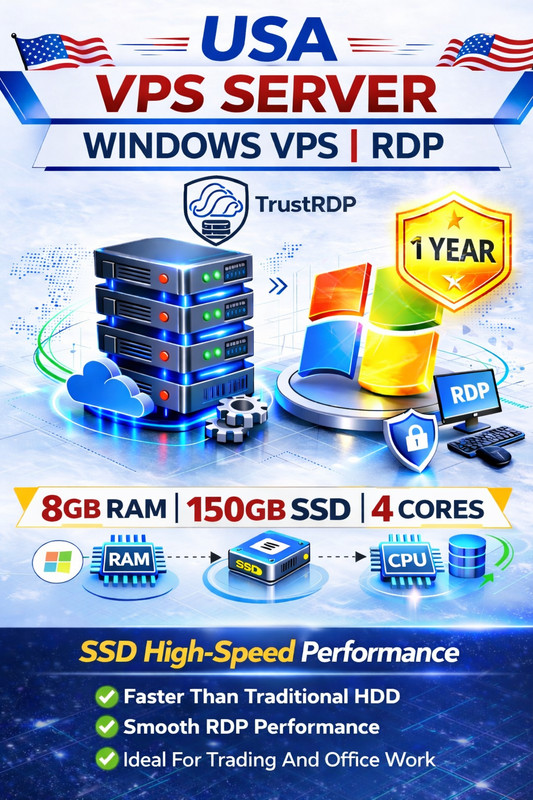 Windows VPS RDP Server 8GB RAM 150GB SSD 1 Year Fast Remote Desktop Hosting