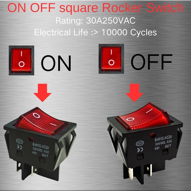 "2 Pack 30A 250V Rocker Switch, Red LED, DPST 4 Pin, Heavy Duty, 120V Toggle " gallery