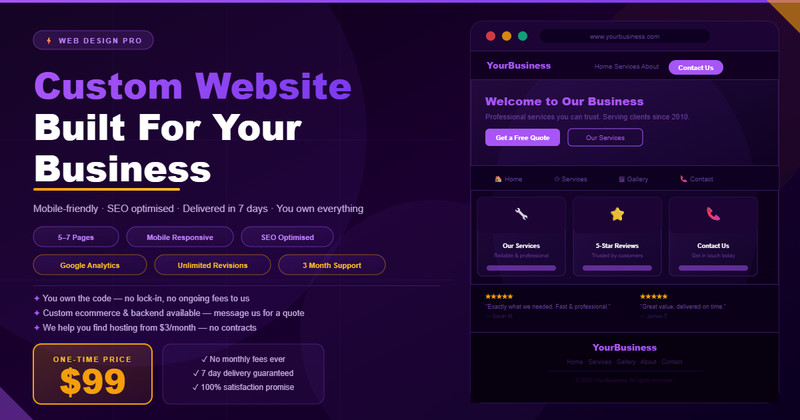Custom Website Design 5-7 Pages Mobile SEO Contact Form $99 Fast Delivery USA
