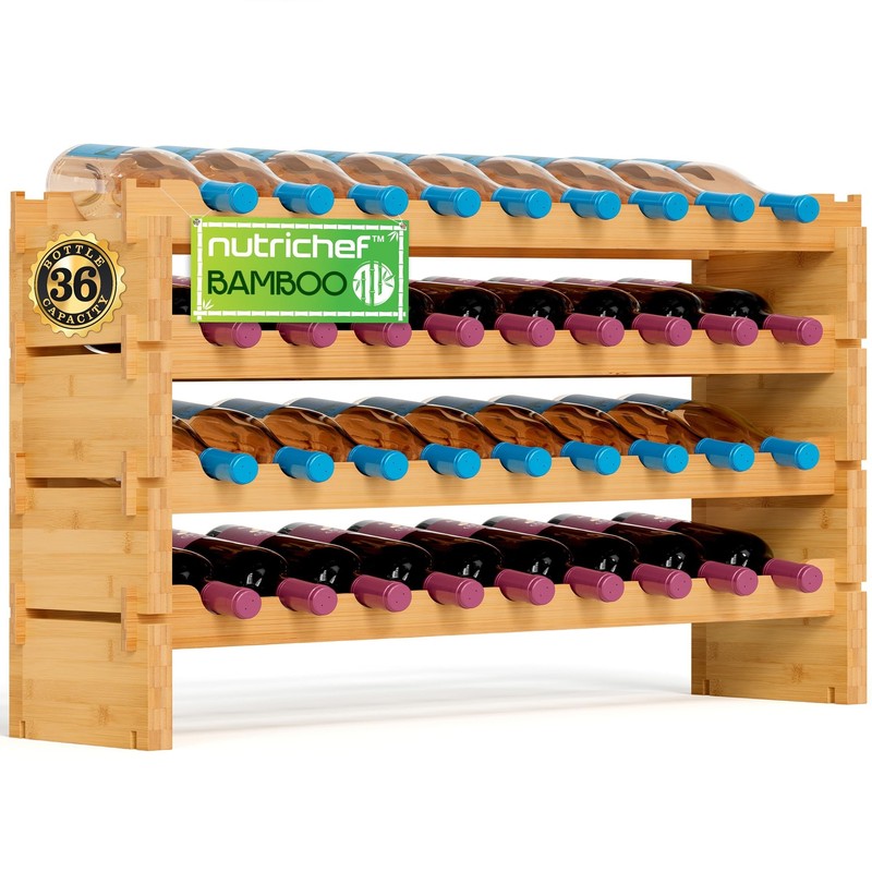 NutriChef Bamboo Stackable Wine Rack, 4-Tier 36 Bottle Capacity Wine Racks Fr...