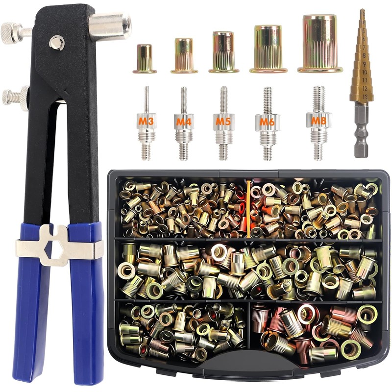 Rivet Nut Tool Kit with 5 Mandrels(M3,M4,M5,M6,M8) & 470PcsMetric Rivet Nuts ...