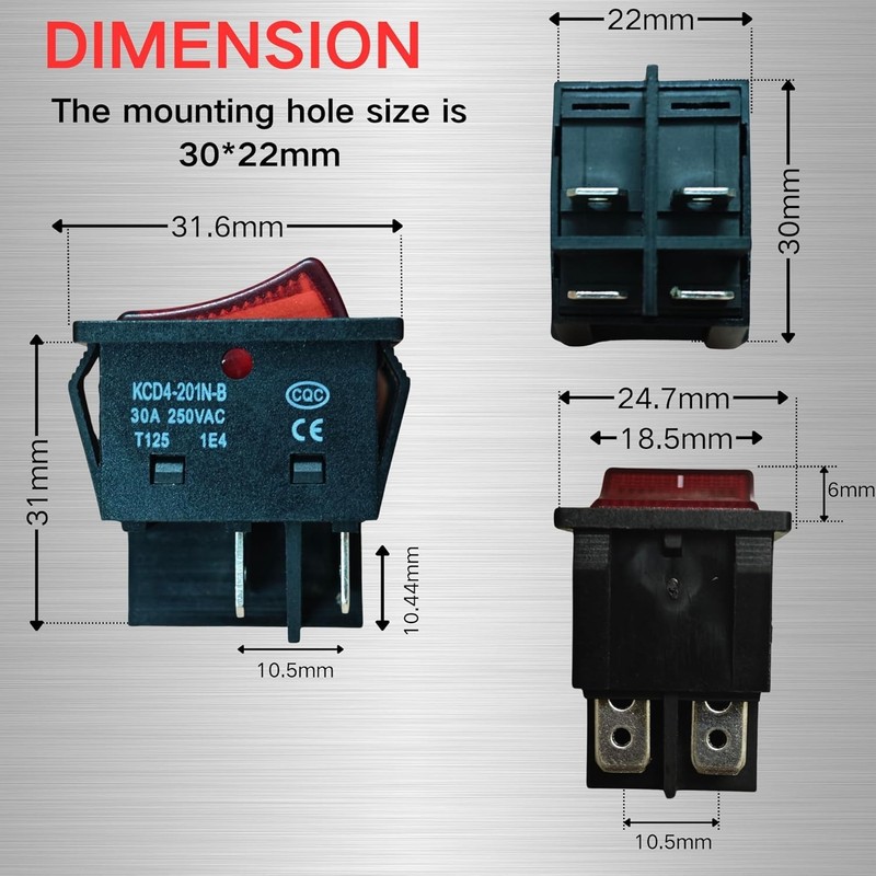 "2 Pack 30A 250V Rocker Switch, Red LED, DPST 4 Pin, Heavy Duty, 120V Toggle " gallery