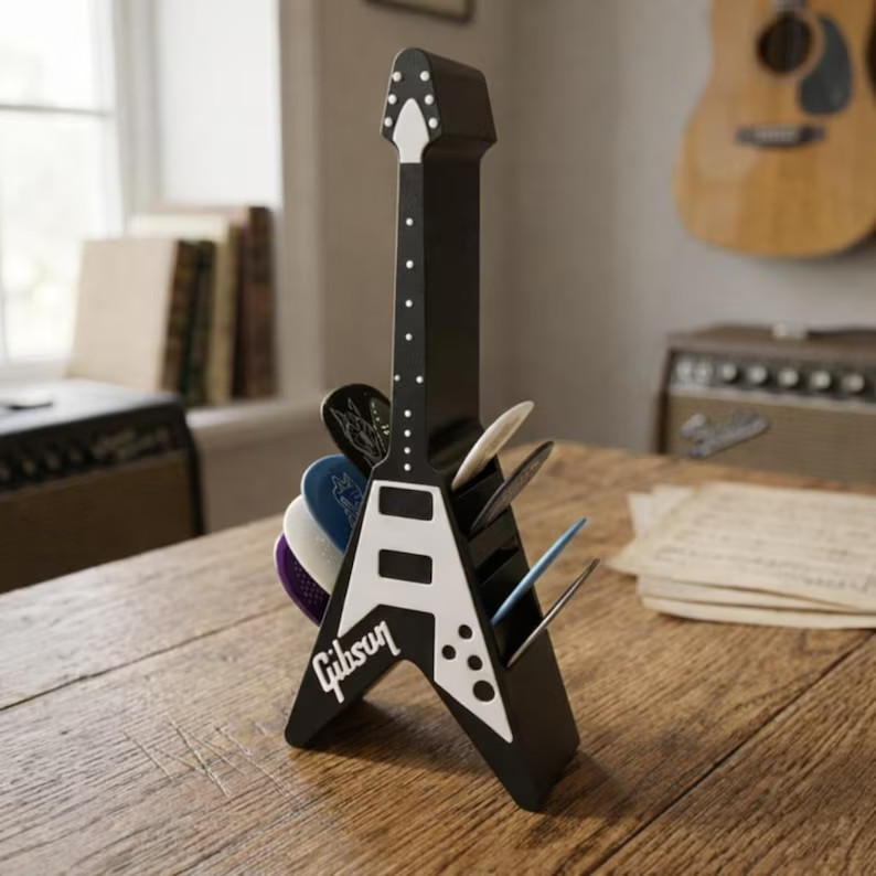 Flying V Guitar Pick Holder | Matte Grey Music Desk Organizer gallery