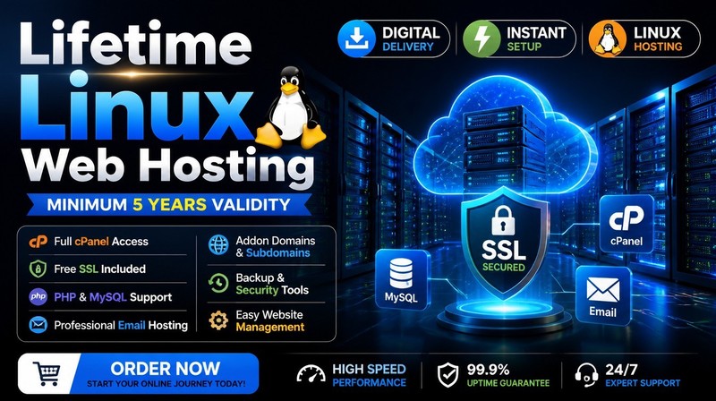 Linux Lifetime Hosting with cPanel | SSL Secured, PHP, MySQL, Email | 5+ Years