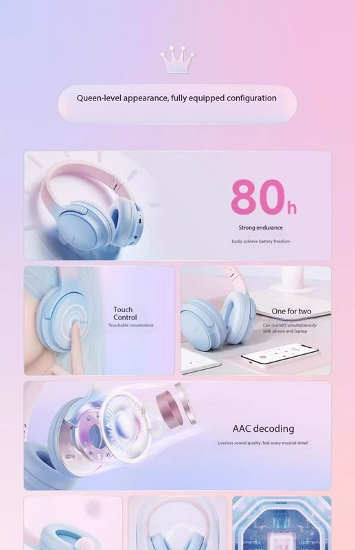 Pincun Queen Over-Ear Bluetooth Wireless Women's Headset with Noise Cancellation gallery