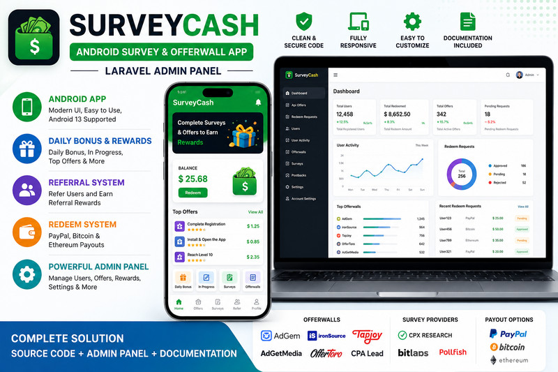 SurveyCash – Android Survey & Offerwall App with Laravel Admin Panel