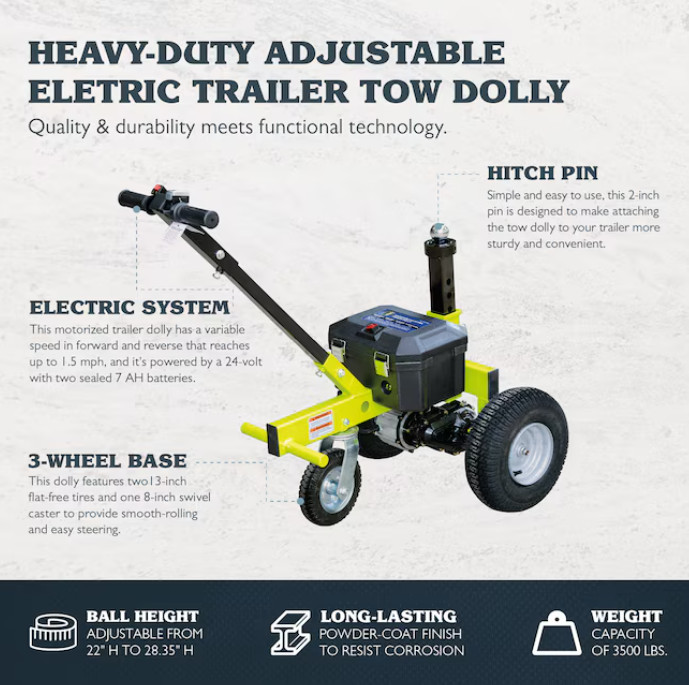 Tow Tuff TMD-35ETD8 Electric Trailer Dolly 3500 lb Adjustable Green - NEW BRAND gallery