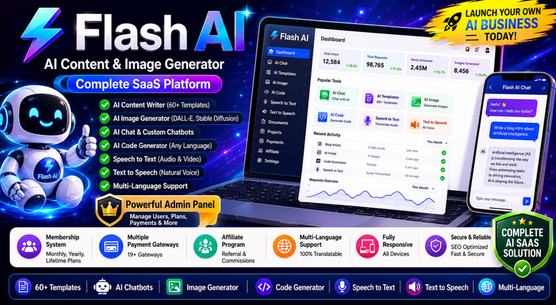 FlashAI – AI Content & Image Generator SaaS Platform | Chatbots, Code, Speech